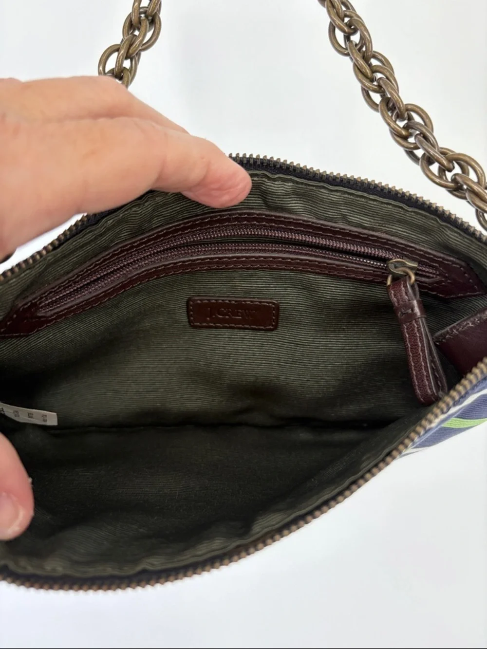 🗄️ J. Crew silk Navy Blue and Lime Green Striped Mini Bag with Chain Strap
